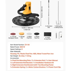 VEVOR Electric Power Trowel, 800W Concrete Finishing Machine Corded with Mixing Rod, 6-Speed Adjustable 120–200 RPM, Steel & Plastic Trowel Discs, Extension Handle, Floor Smoothing Cement Finisher