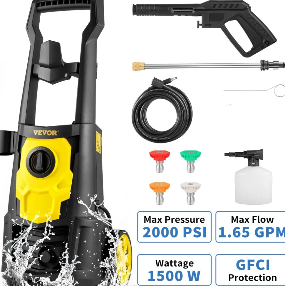VEVOR Electric Power Washer, 2000 PSI, Max 1.65 GPM Pressure Washer with 20 ft Hose & Reel, 5 Quick Connect Nozzles, Foam Cannon, Portable to Clean Patios, Cars, Fences, Driveways, ETL Listed