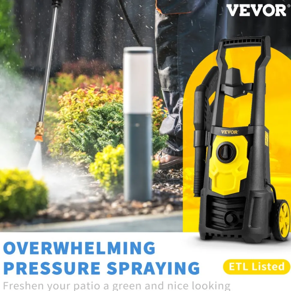VEVOR Electric Power Washer, 2000 PSI, Max 1.65 GPM Pressure Washer with 20 ft Hose & Reel, 5 Quick Connect Nozzles, Foam Cannon, Portable to Clean Patios, Cars, Fences, Driveways, ETL Listed
