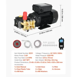 VEVOR Electric Pressure Washer Pump Kit, 1220 PSI, 2.2 GPM, Triplex Power Washer Pump with 2 HP Motor 120 V, Adjustable Water Pressure, for Washing Cars, Gardens, Exterior Walls, Deck, Machinery Equipment