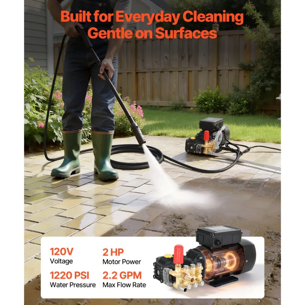 VEVOR Electric Pressure Washer Pump Kit, 1220 PSI, 2.2 GPM, Triplex Power Washer Pump with 2 HP Motor 120 V, Adjustable Water Pressure, for Washing Cars, Gardens, Exterior Walls, Deck, Machinery Equipment