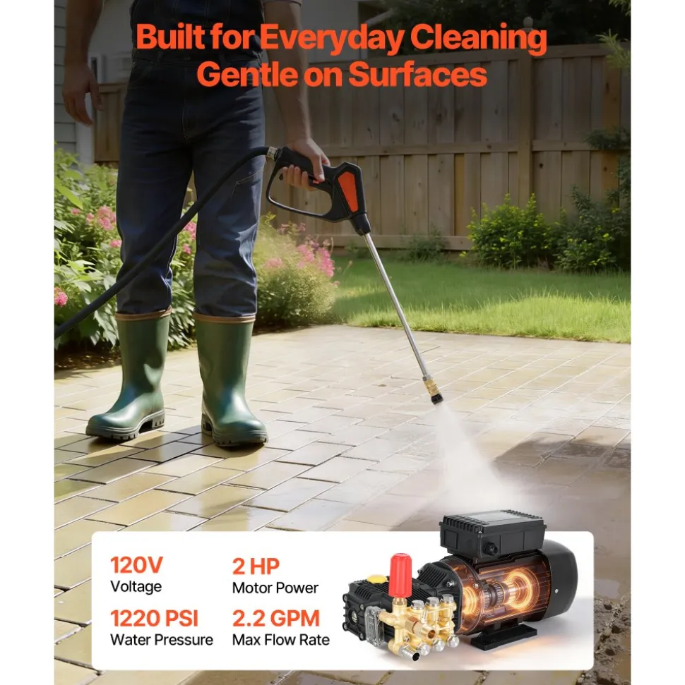 VEVOR Electric Pressure Washer Pump Kit, 1220 PSI, 2.2 GPM, Triplex Power Washer Pump with 2 HP Motor 120 V, Includes Wall Mount Bracket, Spray Gun, Wand, Hose, 5 Nozzles, for Washing Cars, Gardens