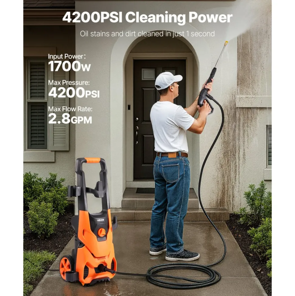 VEVOR Electric Pressure Washer, Max 2000 PSI and 2.8 GPM, High Power Pressure Cleaning Machine with 4 Quick Connect Nozzles and a Foam Cannon, Ideal for Cars/Fences/Driveways/Patios/Home Cleaning