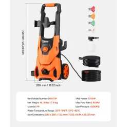 VEVOR Electric Pressure Washer, Max 2000 PSI and 2.8 GPM, High Power Pressure Cleaning Machine with 4 Quick Connect Nozzles and a Foam Cannon, Ideal for Cars/Fences/Driveways/Patios/Home Cleaning