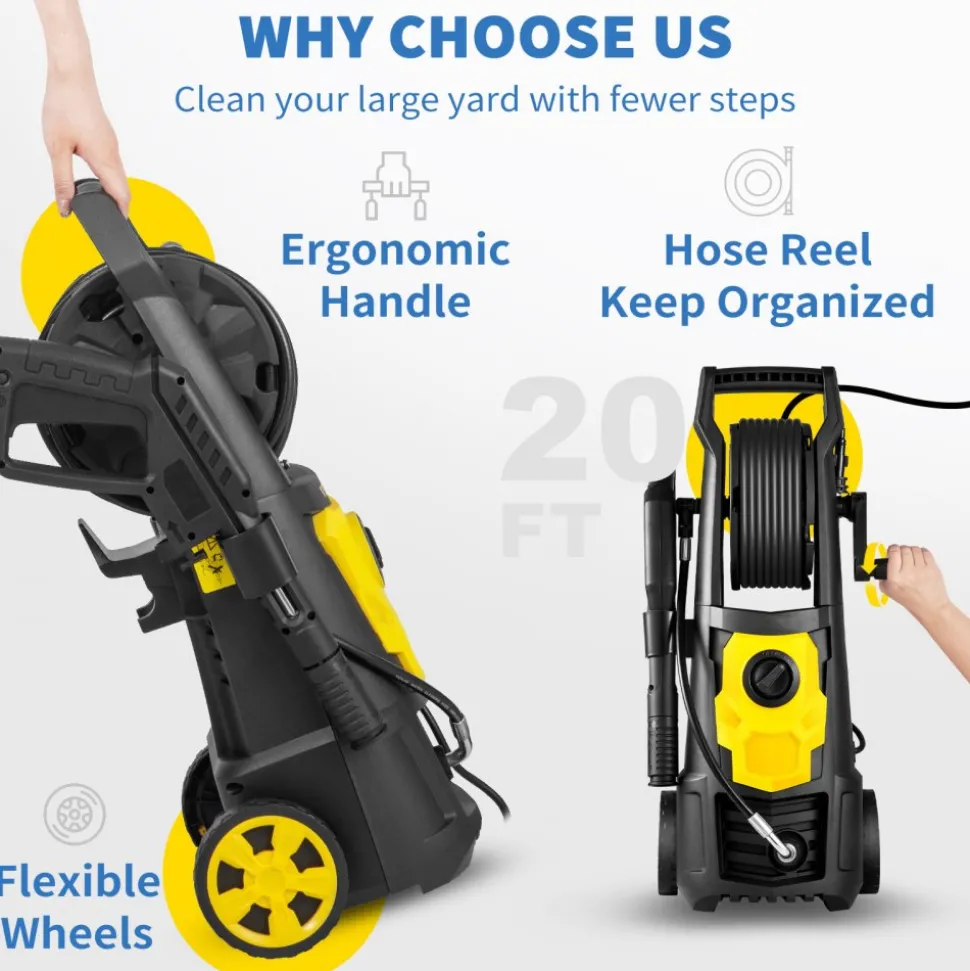 VEVOR Electric Pressure Washer, 2000 PSI, Max 1.65 GPM Power Washer with 30 ft Hose & Reel, 5 Quick Connect Nozzles, Foam Cannon, Portable to Clean Patios, Cars, Fences, Driveways, ETL Listed
