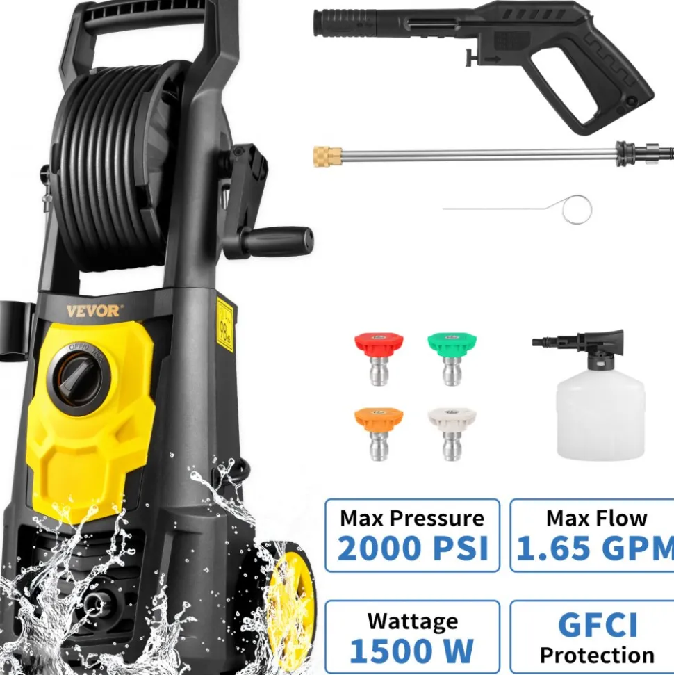 VEVOR Electric Pressure Washer, 2000 PSI, Max 1.65 GPM Power Washer with 30 ft Hose & Reel, 5 Quick Connect Nozzles, Foam Cannon, Portable to Clean Patios, Cars, Fences, Driveways, ETL Listed