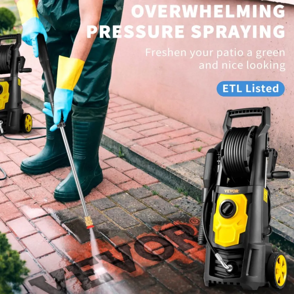 VEVOR Electric Pressure Washer, 2000 PSI, Max 1.65 GPM Power Washer with 30 ft Hose & Reel, 5 Quick Connect Nozzles, Foam Cannon, Portable to Clean Patios, Cars, Fences, Driveways, ETL Listed