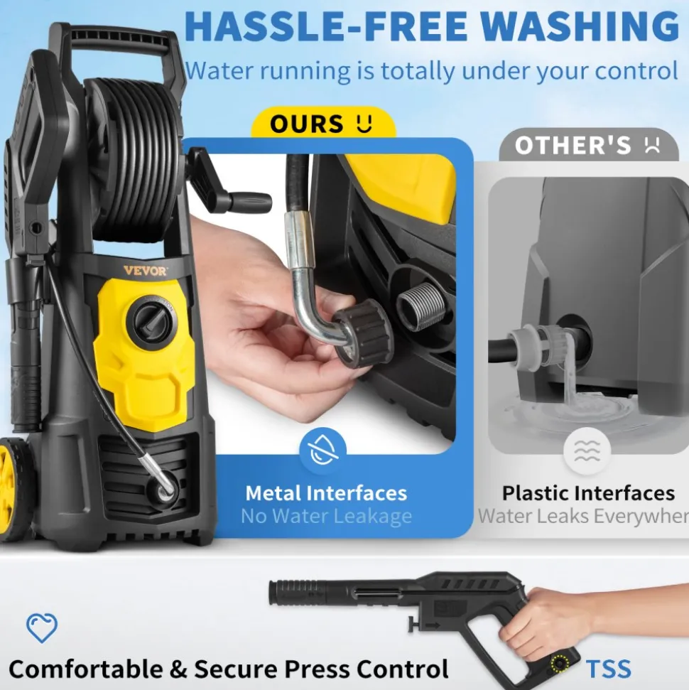 VEVOR Electric Pressure Washer, 2000 PSI, Max 1.65 GPM Power Washer with 30 ft Hose & Reel, 5 Quick Connect Nozzles, Foam Cannon, Portable to Clean Patios, Cars, Fences, Driveways, ETL Listed