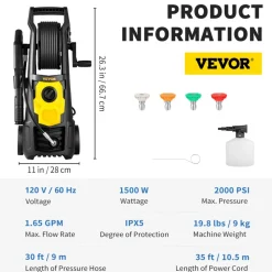 VEVOR Electric Pressure Washer, 2000 PSI, Max 1.65 GPM Power Washer with 30 ft Hose & Reel, 5 Quick Connect Nozzles, Foam Cannon, Portable to Clean Patios, Cars, Fences, Driveways, ETL Listed