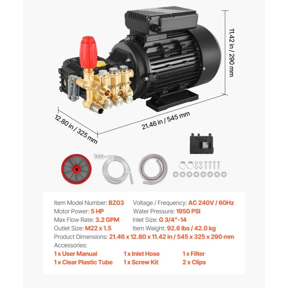 VEVOR Electric Pressure Washer Pump Kit, 1950 PSI, 3.2 GPM, Triplex Power Washer Pump with 5 HP Motor 240 V, Adjustable Water Pressure, for Washing Cars, Gardens, Exterior Walls, Deck, Machinery Equipment