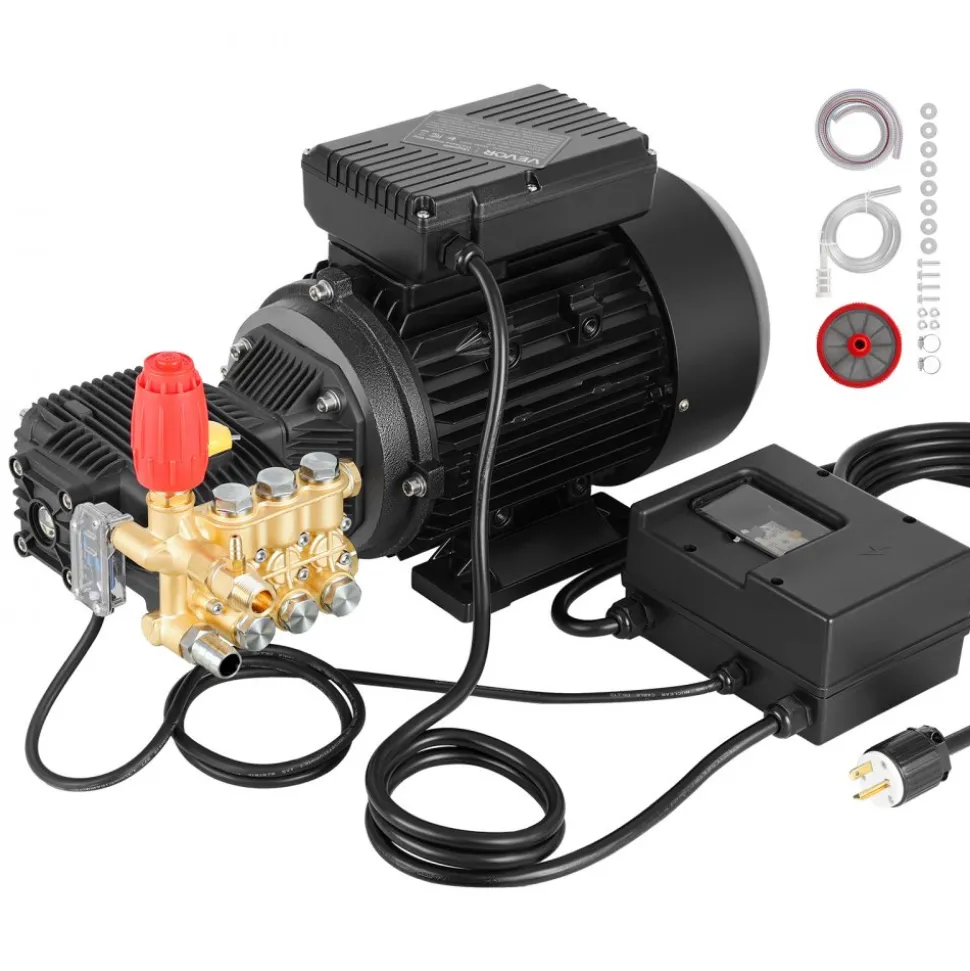 VEVOR Electric Pressure Washer Pump Kit, 1950 PSI, 3.2 GPM, Triplex Power Washer Pump with 5 HP Motor 240 V, Adjustable Water Pressure, for Washing Cars, Gardens, Exterior Walls, Deck, Machinery Equipment