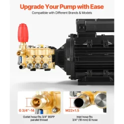 VEVOR Electric Pressure Washer Pump Kit, 1950 PSI, 3.2 GPM, Triplex Power Washer Pump with 5 HP Motor 240 V, Adjustable Water Pressure, for Washing Cars, Gardens, Exterior Walls, Deck, Machinery Equipment