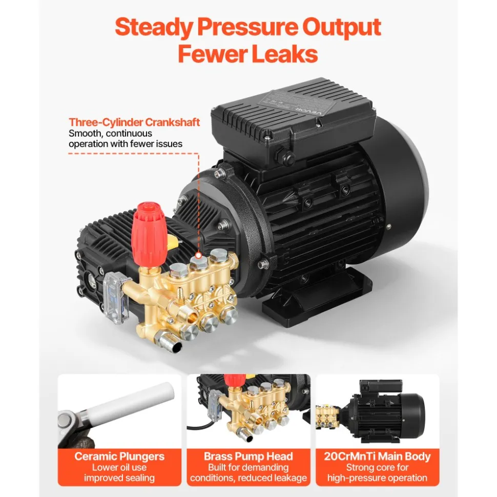 VEVOR Electric Pressure Washer Pump Kit, 1950 PSI, 3.2 GPM, Triplex Power Washer Pump with 5 HP Motor 240 V, Adjustable Water Pressure, for Washing Cars, Gardens, Exterior Walls, Deck, Machinery Equipment