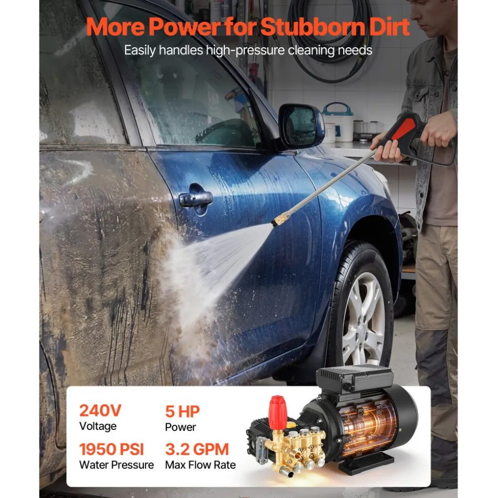 VEVOR Electric Pressure Washer Pump Kit, 1950 PSI, 3.2 GPM, Triplex Power Washer Pump with 5 HP Motor 240 V, Adjustable Water Pressure, for Washing Cars, Gardens, Exterior Walls, Deck, Machinery Equipment