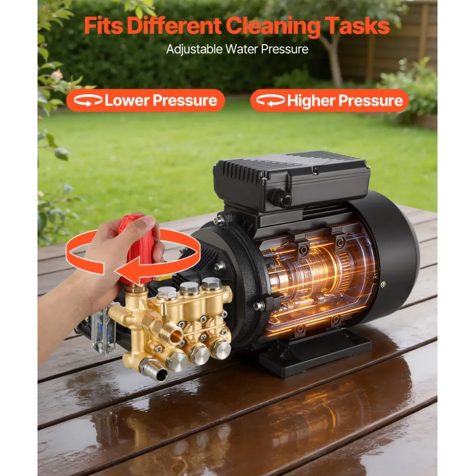 VEVOR Electric Pressure Washer Pump Kit, 1950 PSI, 3.2 GPM, Triplex Power Washer Pump with 5 HP Motor 240 V, Adjustable Water Pressure, for Washing Cars, Gardens, Exterior Walls, Deck, Machinery Equipment