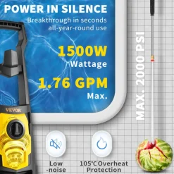 VEVOR Electric Pressure Washer, 2000 PSI, Max. 1.76 GPM Power Washer with 30 ft Hose, 5 Quick Connect Nozzles, Foam Cannon, Portable to Clean Patios, Cars, Fences, Driveways, ETL Listed