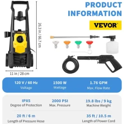 VEVOR Electric Pressure Washer, 2000 PSI, Max. 1.76 GPM Power Washer with 30 ft Hose, 5 Quick Connect Nozzles, Foam Cannon, Portable to Clean Patios, Cars, Fences, Driveways, ETL Listed