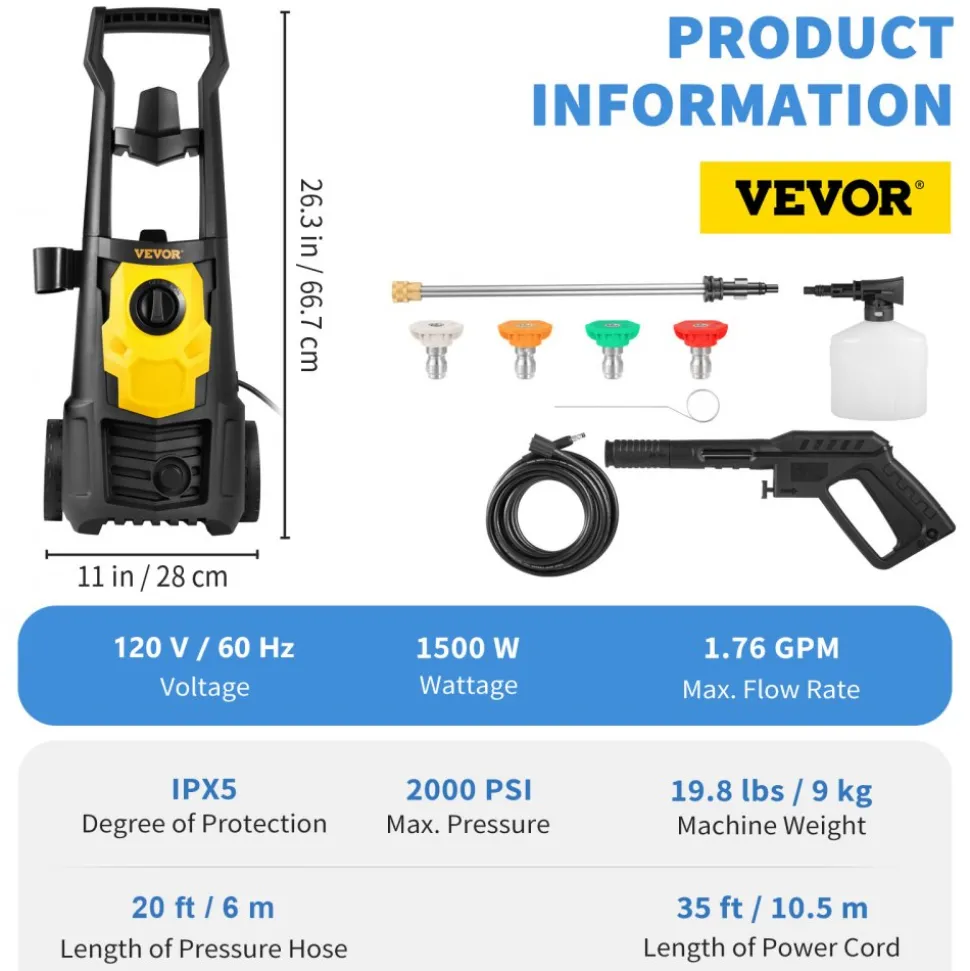 VEVOR Electric Pressure Washer, 2000 PSI, Max. 1.76 GPM Power Washer with 30 ft Hose, 5 Quick Connect Nozzles, Foam Cannon, Portable to Clean Patios, Cars, Fences, Driveways, ETL Listed