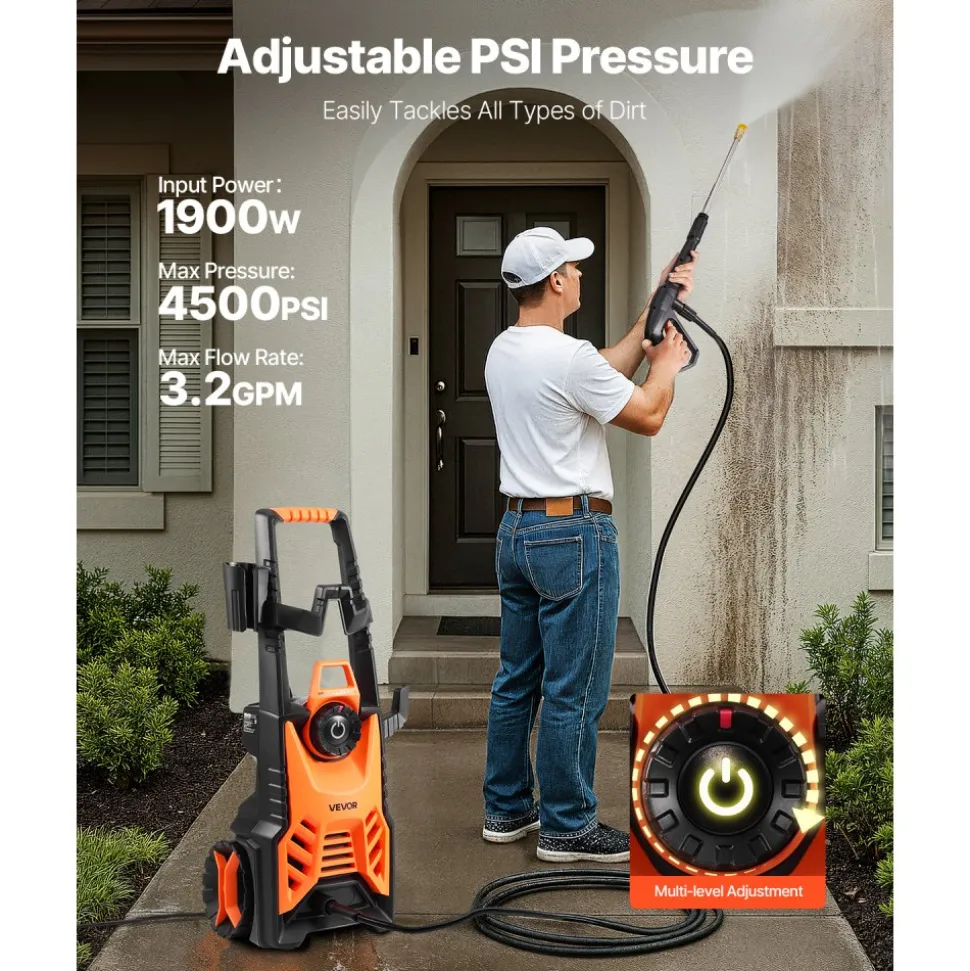 VEVOR Electric Pressure Washer, Max 4500 PSI and 3.2 GPM With Pressure Adjustment, High Power Pressure Cleaning Machine with 4 Quick Connect Nozzles, for Cars/Fences/Driveways/Patios/Home Cleaning