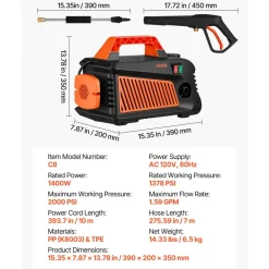 VEVOR Electric Pressure Washer, 2000 Max PSI 1.59 Max GPM, Portable Power Washer with 4 Nozzles, Metal Extension Wand, Built-in Carry Handle, Compact & Flexible for Cars,Driveways,Patios,Fences,Home