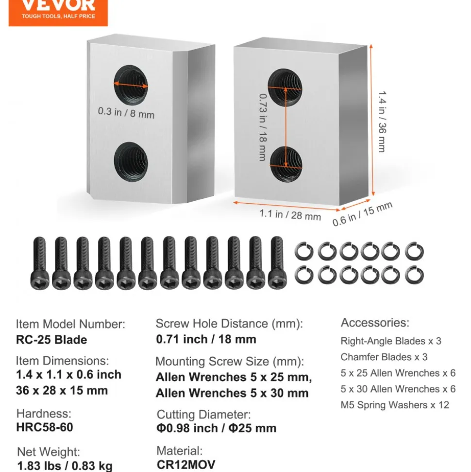 VEVOR Electric Rebar Cutter Blade, 6 PCS 16mm(5/8 Inch) Cutting Diameter, HRC58-60 Hard Hydraulic Rebar Blade Replacement Jaw Blades with 12 Hexagon Screw and 12 Spring Washer, for Model RC-16