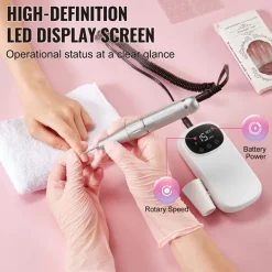 VEVOR Electric Rechargeable Nail Drill, 35,000RPM Portable Cordless Nail E File Machine, LCD-Display Acrylic Gel Grinder Tool with 6 Bits and 50PCS Sanding Bands for Manicure Pedicure Carve Polish