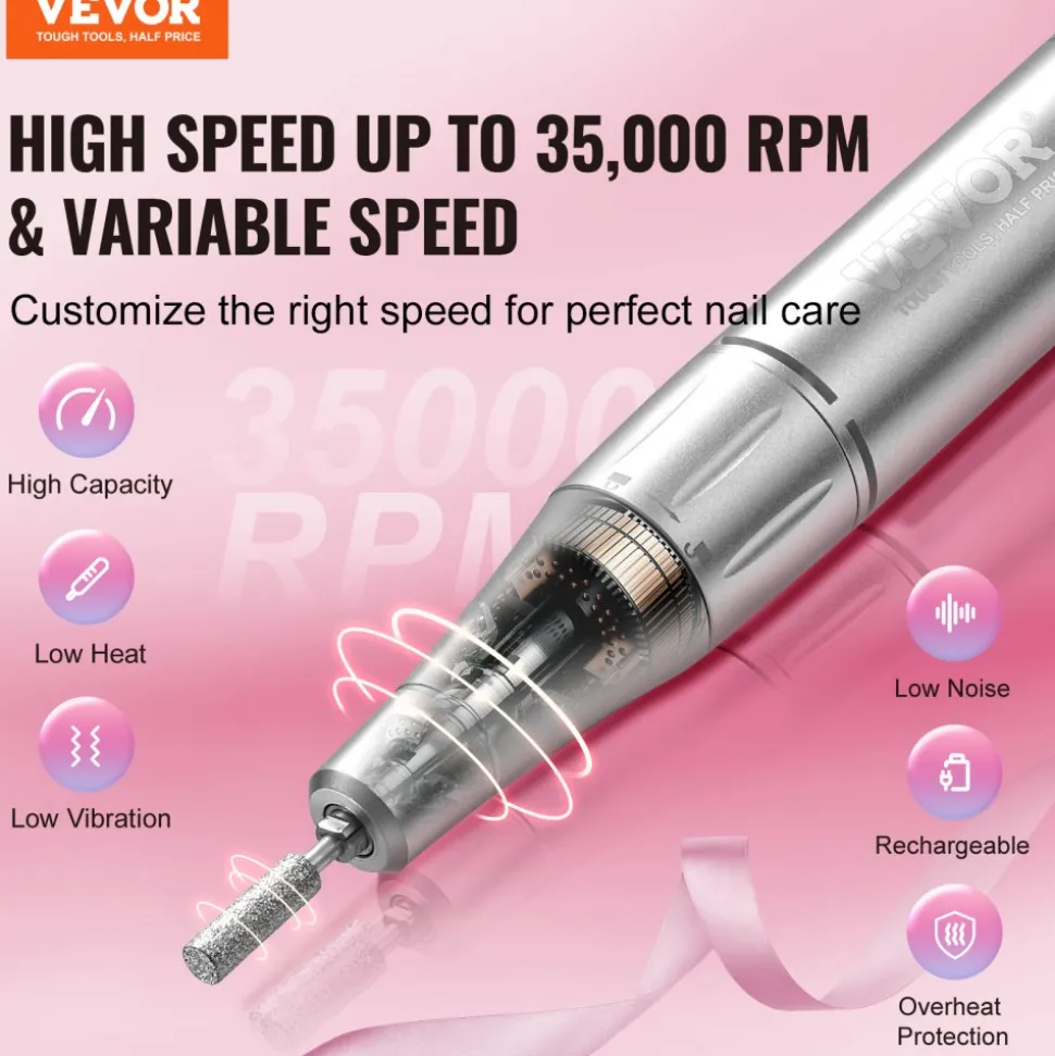 VEVOR Electric Rechargeable Nail Drill, 35,000RPM Portable Cordless Nail E File Machine, LCD-Display Acrylic Gel Grinder Tool with 6 Bits and 50PCS Sanding Bands for Manicure Pedicure Carve Polish