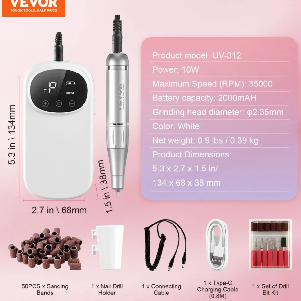 VEVOR Electric Rechargeable Nail Drill, 35,000RPM Portable Cordless Nail E File Machine, LCD-Display Acrylic Gel Grinder Tool with 6 Bits and 50PCS Sanding Bands for Manicure Pedicure Carve Polish