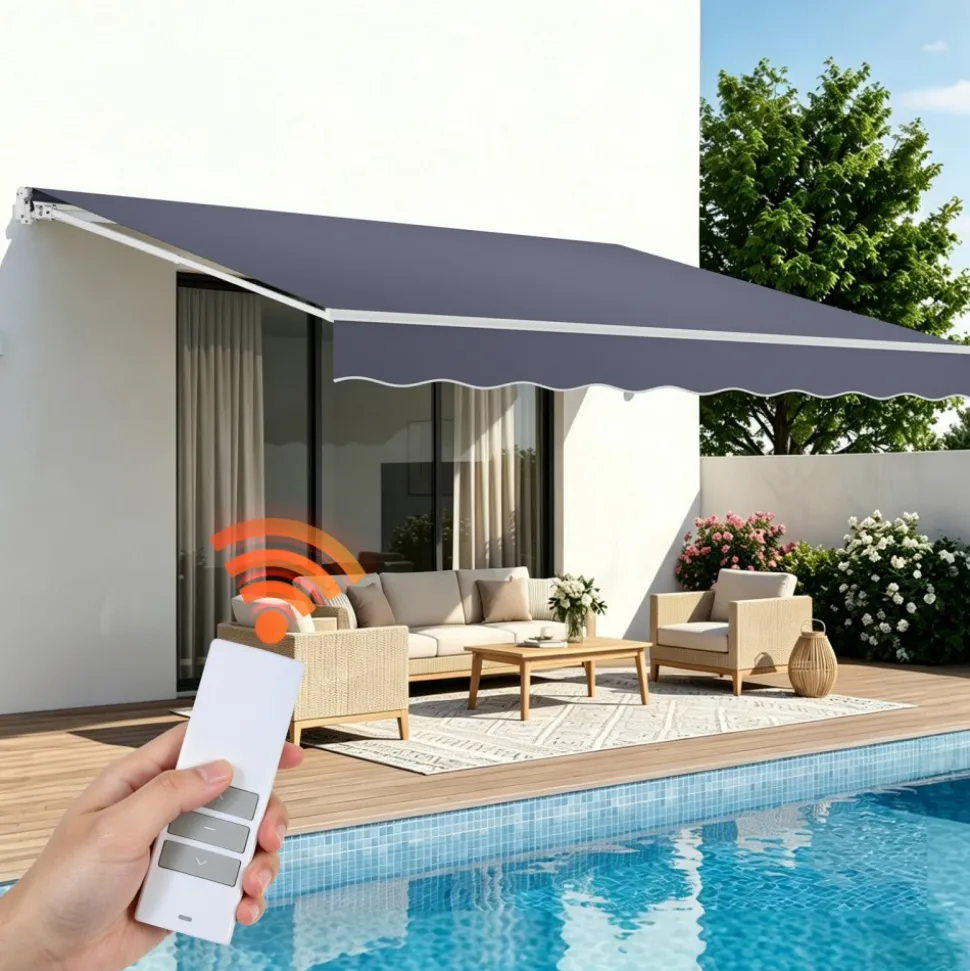 VEVOR Electric Retractable Awning, 14.1' x 9.8' Motorized Patio Awning, Sunshade Shelter with Remote Controller & Manual Crank Handle, Waterproof Polyester Fabric for Outdoor Deck, Balcony, Yard, Gray