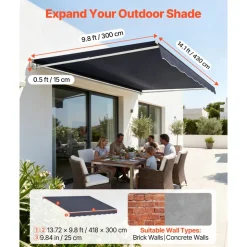 VEVOR Electric Retractable Awning, 14.1' x 9.8' Motorized Patio Awning, Sunshade Shelter with Remote Controller & Manual Crank Handle, Waterproof Polyester Fabric for Outdoor Deck, Balcony, Yard, Gray