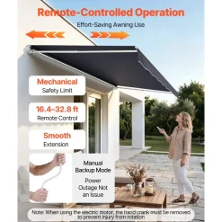 VEVOR Electric Retractable Awning, 14.1' x 9.8' Motorized Patio Awning, Sunshade Shelter with Remote Controller & Manual Crank Handle, Waterproof Polyester Fabric for Outdoor Deck, Balcony, Yard, Gray