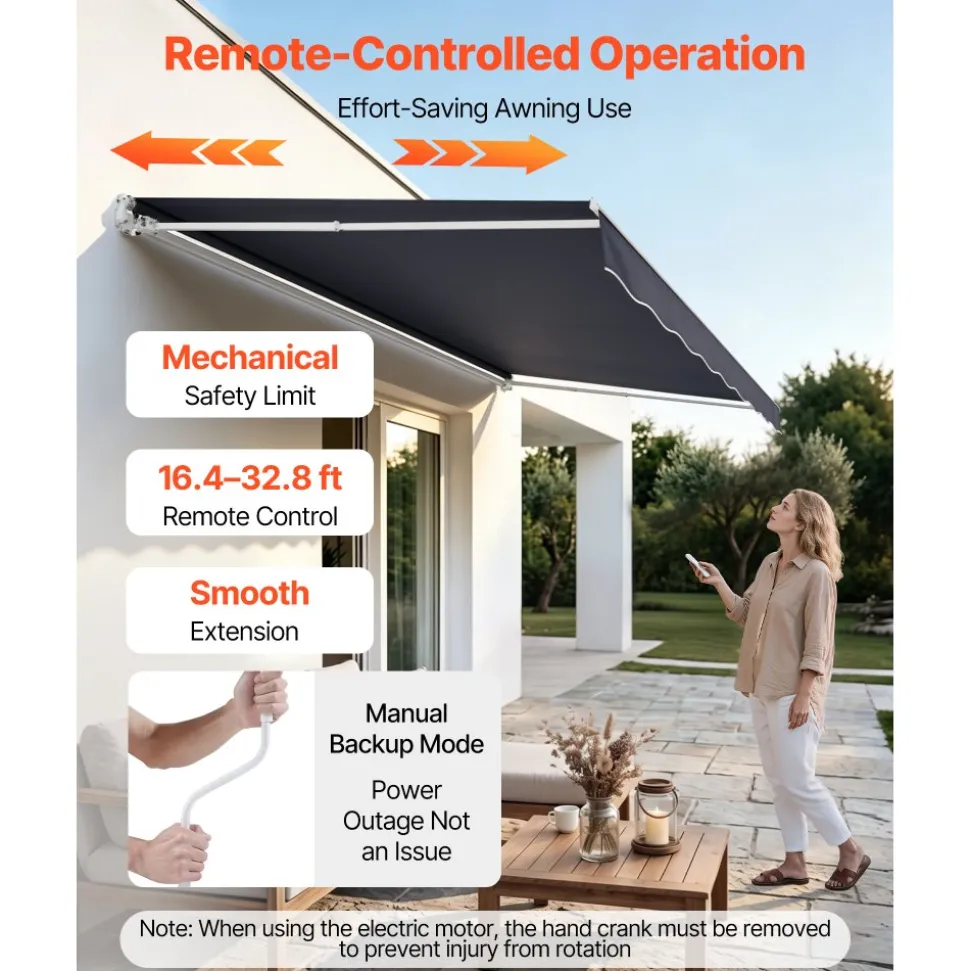 VEVOR Electric Retractable Awning, 14.1' x 9.8' Motorized Patio Awning, Sunshade Shelter with Remote Controller & Manual Crank Handle, Waterproof Polyester Fabric for Outdoor Deck, Balcony, Yard, Gray