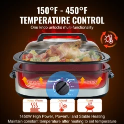 VEVOR Electric Roaster Oven, 24 QT Turkey Roaster Oven with Self-Basting Lid, 1450W Roaster Oven with Defrost & Warm Function, Adjustable Temp, Removable Pan & Rack, Fits Turkeys Up to 28LBS, Silver