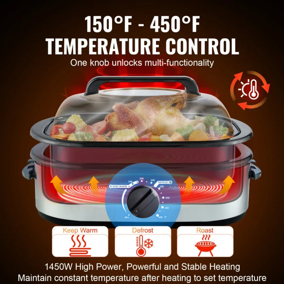 VEVOR Electric Roaster Oven, 24 QT Turkey Roaster Oven with Self-Basting Lid, 1450W Roaster Oven with Defrost & Warm Function, Adjustable Temp, Removable Pan & Rack, Fits Turkeys Up to 28LBS, Silver