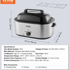 VEVOR Electric Roaster Oven, 24 QT Turkey Roaster Oven with Self-Basting Lid, 1450W Roaster Oven with Defrost & Warm Function, Adjustable Temp, Removable Pan & Rack, Fits Turkeys Up to 28LBS, Silver