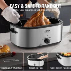 VEVOR Electric Roaster Oven, 24 QT Turkey Roaster Oven with Self-Basting Lid, 1450W Roaster Oven with Defrost & Warm Function, Adjustable Temp, Removable Pan & Rack, Fits Turkeys Up to 28LBS, Silver