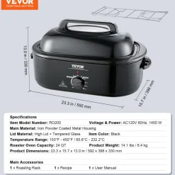VEVOR Electric Roaster Oven, 24 QT Turkey Roaster Oven with Self-Basting Lid, 1450W Roaster Oven with Defrost & Warm Function, Adjustable Temp, Removable Pan & Rack, Fits Turkeys Up to 28LBS, Black