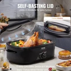 VEVOR Electric Roaster Oven, 24 QT Turkey Roaster Oven with Self-Basting Lid, 1450W Roaster Oven with Defrost & Warm Function, Adjustable Temp, Removable Pan & Rack, Fits Turkeys Up to 28LBS, Black