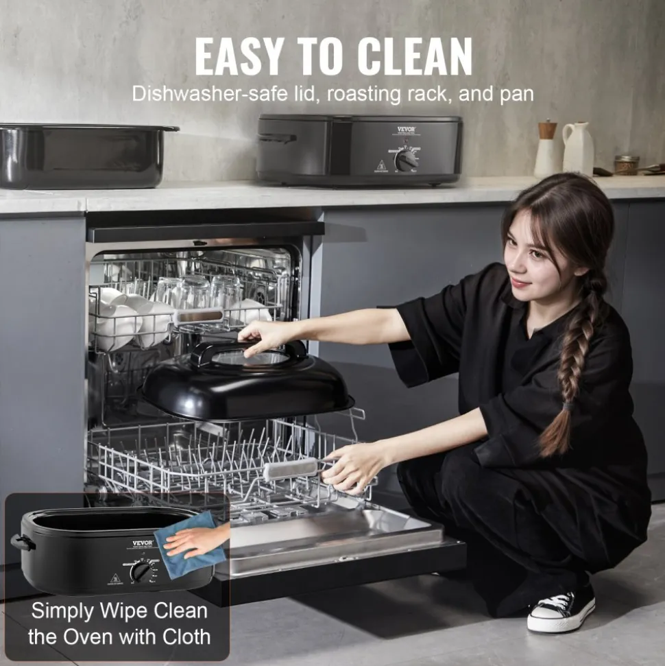 VEVOR Electric Roaster Oven, 24 QT Turkey Roaster Oven with Self-Basting Lid, 1450W Roaster Oven with Defrost & Warm Function, Adjustable Temp, Removable Pan & Rack, Fits Turkeys Up to 28LBS, Black