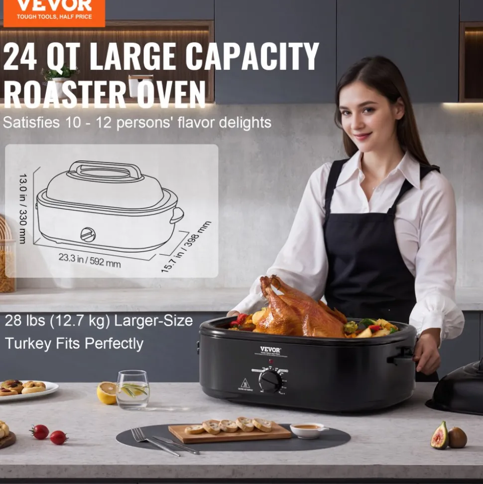 VEVOR Electric Roaster Oven, 24 QT Turkey Roaster Oven with Self-Basting Lid, 1450W Roaster Oven with Defrost & Warm Function, Adjustable Temp, Removable Pan & Rack, Fits Turkeys Up to 28LBS, Black