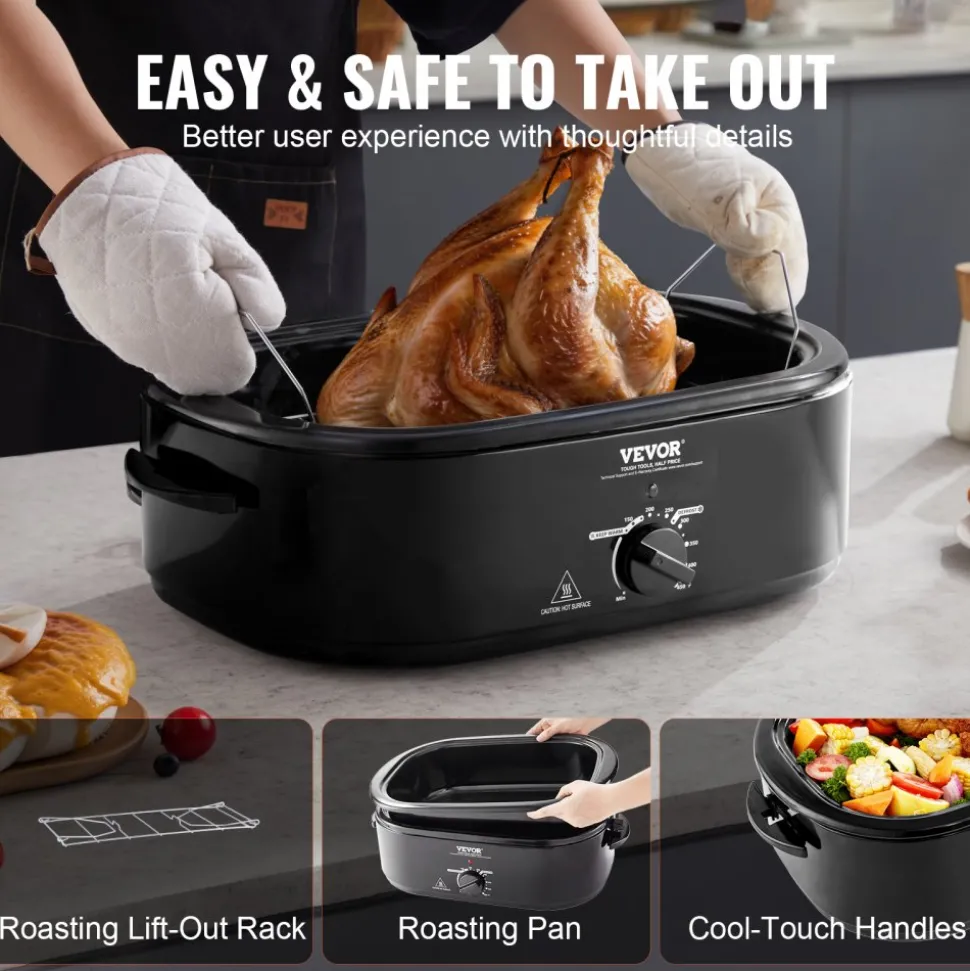 VEVOR Electric Roaster Oven, 24 QT Turkey Roaster Oven with Self-Basting Lid, 1450W Roaster Oven with Defrost & Warm Function, Adjustable Temp, Removable Pan & Rack, Fits Turkeys Up to 28LBS, Black