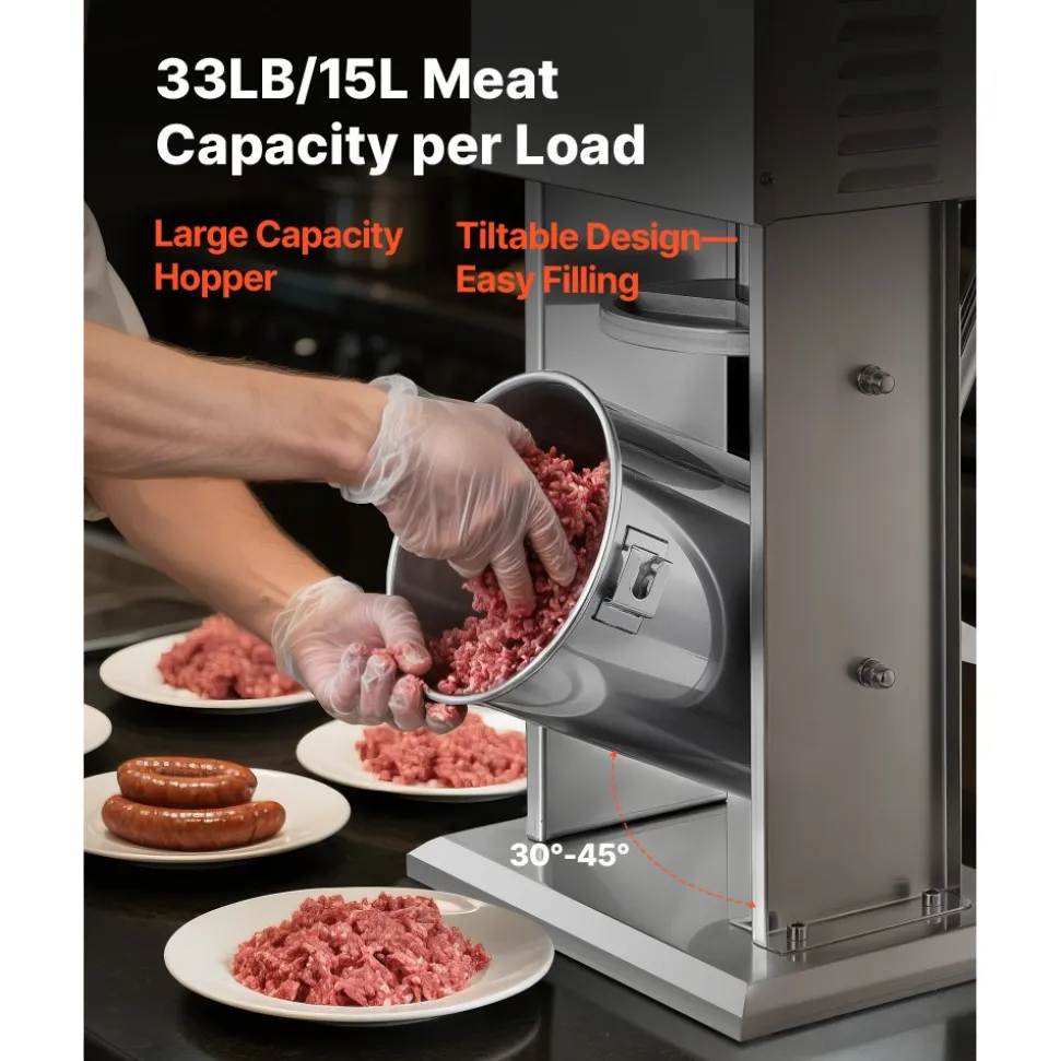 VEVOR Electric Sausage Stuffer, 33 LBS / 15 L Vertical Meat Stuffer, Stepless Speed Control and Foot Pedal, Stainless Steel Heavy Duty Sausage Filler with 4 Stuffing Tubes, for Commercial & Home Use