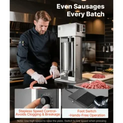 VEVOR Electric Sausage Stuffer, 33 LBS / 15 L Vertical Meat Stuffer, Stepless Speed Control and Foot Pedal, Stainless Steel Heavy Duty Sausage Filler with 4 Stuffing Tubes, for Commercial & Home Use