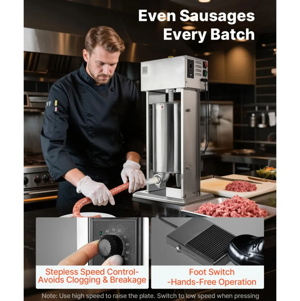 VEVOR Electric Sausage Stuffer, 33 LBS / 15 L Vertical Meat Stuffer, Stepless Speed Control and Foot Pedal, Stainless Steel Heavy Duty Sausage Filler with 4 Stuffing Tubes, for Commercial & Home Use