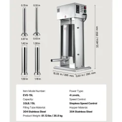 VEVOR Electric Sausage Stuffer, 33 LBS / 15 L Vertical Meat Stuffer, Stepless Speed Control and Foot Pedal, Stainless Steel Heavy Duty Sausage Filler with 4 Stuffing Tubes, for Commercial & Home Use