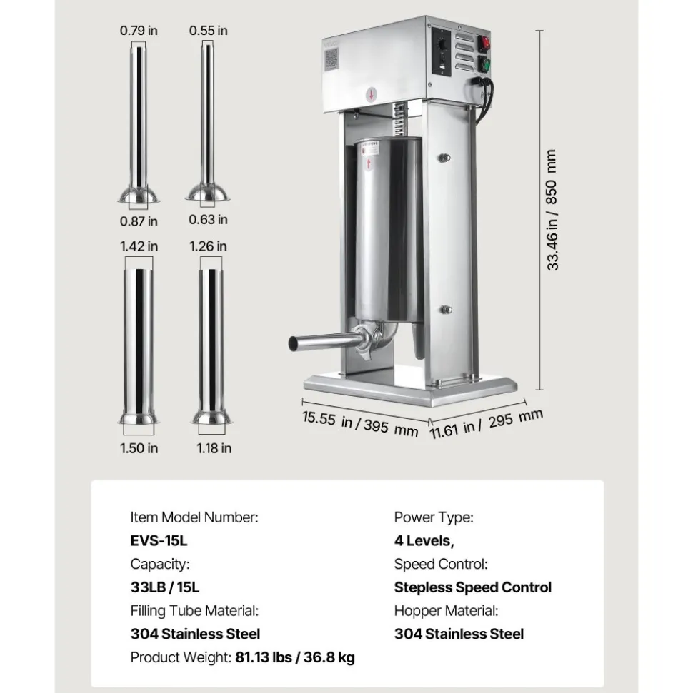 VEVOR Electric Sausage Stuffer, 33 LBS / 15 L Vertical Meat Stuffer, Stepless Speed Control and Foot Pedal, Stainless Steel Heavy Duty Sausage Filler with 4 Stuffing Tubes, for Commercial & Home Use