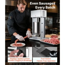 VEVOR Electric Sausage Stuffer, 22 LBS / 10 L Vertical Meat Filler with Stepless Speed Adjustment, Stainless Steel Sausage Stuffing Machine, Foot Pedal & 4 Filling Tubes, for Commercial and Home Use