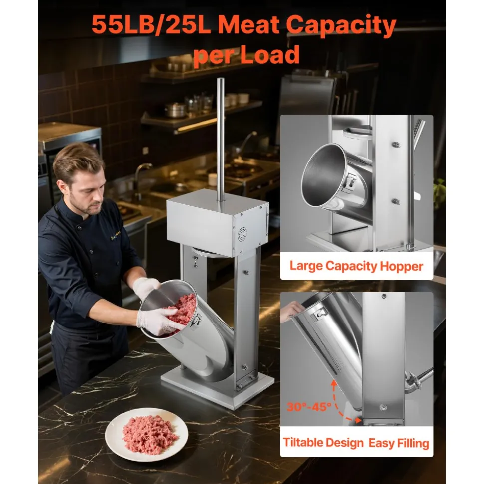 VEVOR Electric Sausage Stuffer, 55 LBS / 25 L Vertical Meat Stuffer, Stepless Speed Control and Foot Pedal, Stainless Steel Heavy Duty Sausage Filler with 5 Stuffing Tubes, for Commercial & Home Use