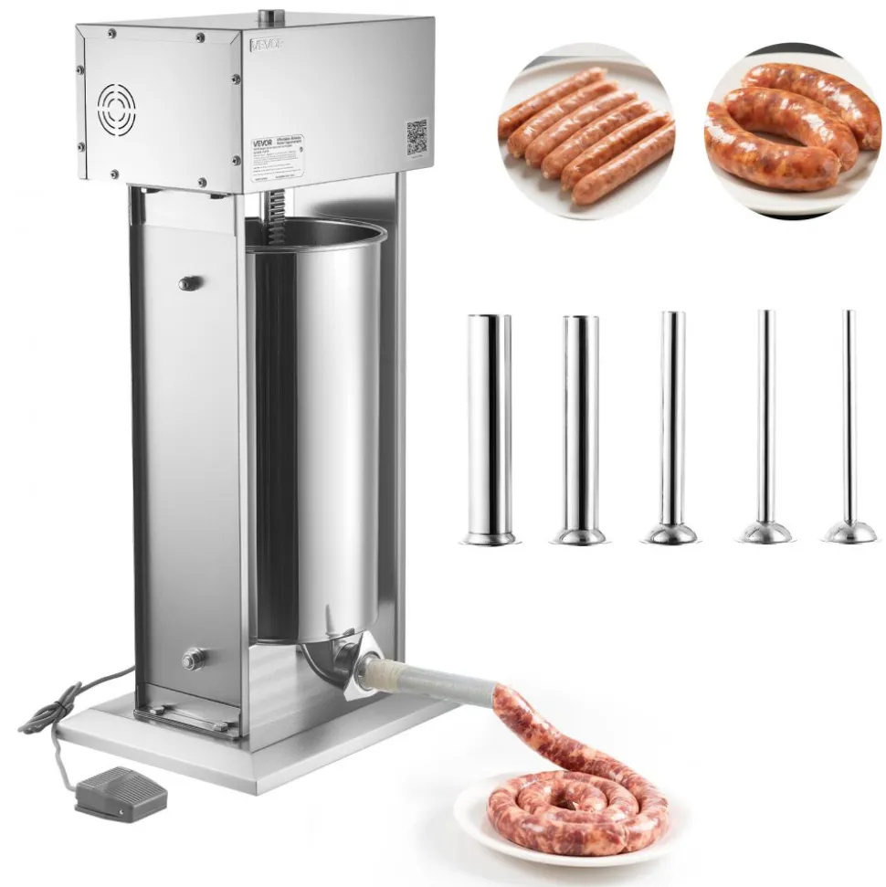 VEVOR Electric Sausage Stuffer, 55 LBS / 25 L Vertical Meat Stuffer, Stepless Speed Control and Foot Pedal, Stainless Steel Heavy Duty Sausage Filler with 5 Stuffing Tubes, for Commercial & Home Use