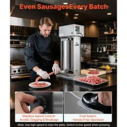 VEVOR Electric Sausage Stuffer, 55 LBS / 25 L Vertical Meat Stuffer, Stepless Speed Control and Foot Pedal, Stainless Steel Heavy Duty Sausage Filler with 5 Stuffing Tubes, for Commercial & Home Use